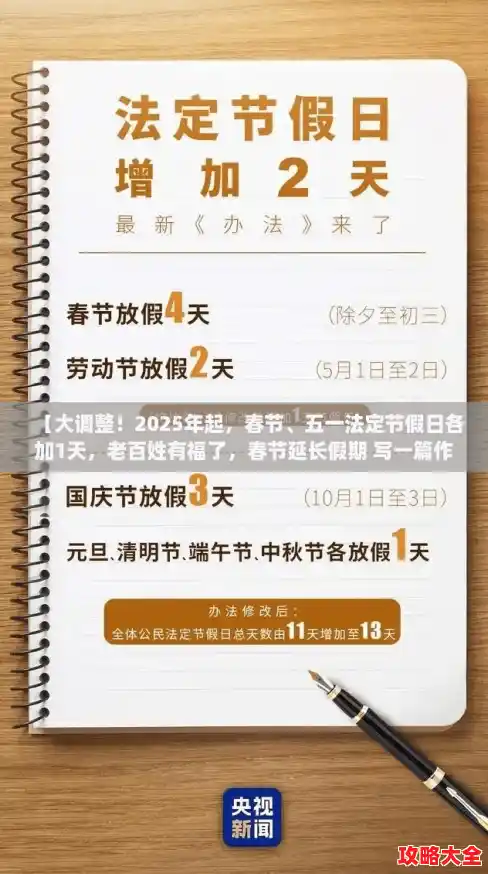 【大调整!2025年起,春节、五一法定节假日各加1天,老百姓有福了,春节延长假期 写一篇作文】 【大调整!2025年起,春节、五一法定节假日各加1天,老百姓有福了,春节延长假期 写一篇作文】