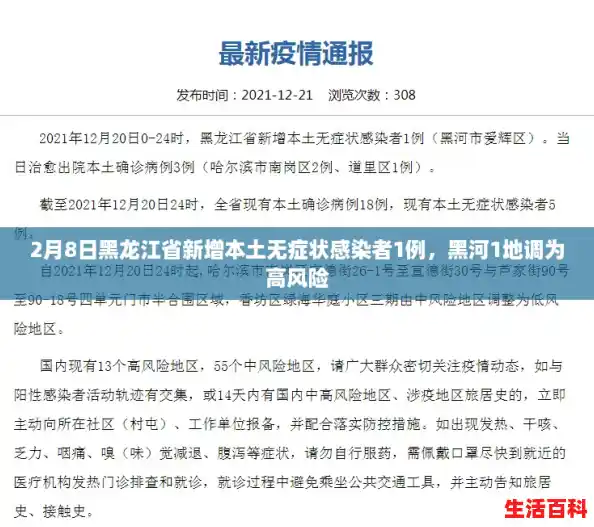 2月8日黑龙江省新增本土无症状感染者1例,黑河1地调为高风险 2月8日黑龙江省新增本土无症状感染者1例,黑河1地调为高风险