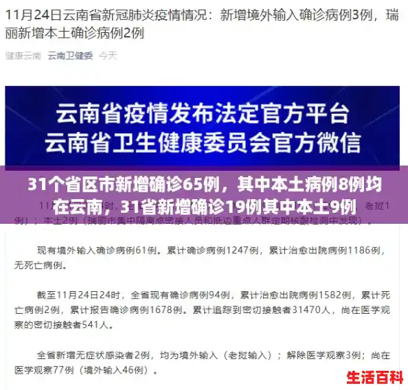 31个省区市新增确诊65例，其中本土病例8例均在云南，31省新增确诊19例其中本土9例